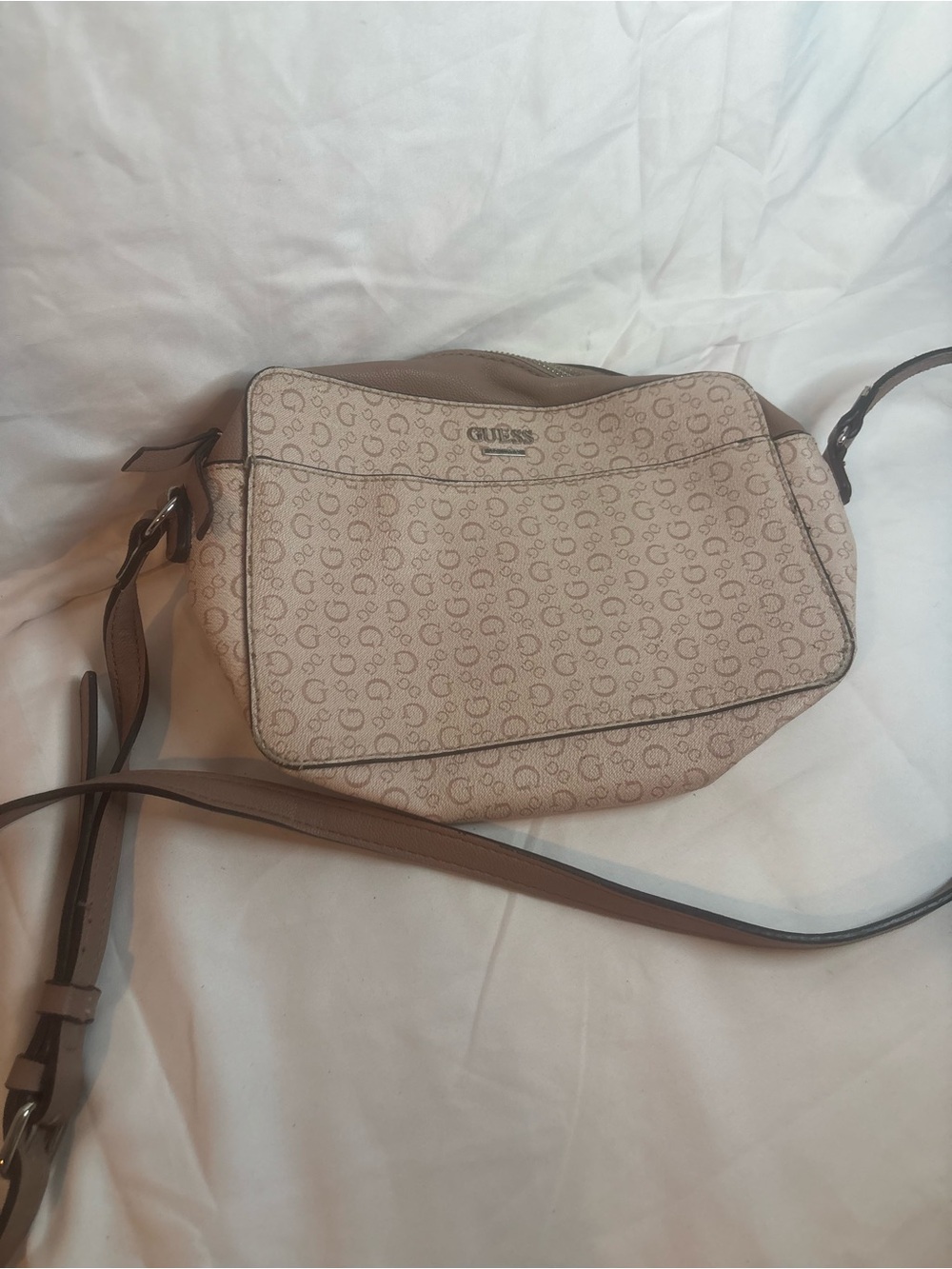 GUESS Beige Monogram Crossbody Bag with Adjustable Strap